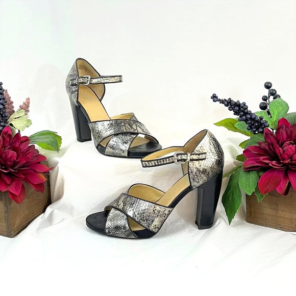 Snakeskin Curved Heel Sandals | Levity - Picture 1 of 5